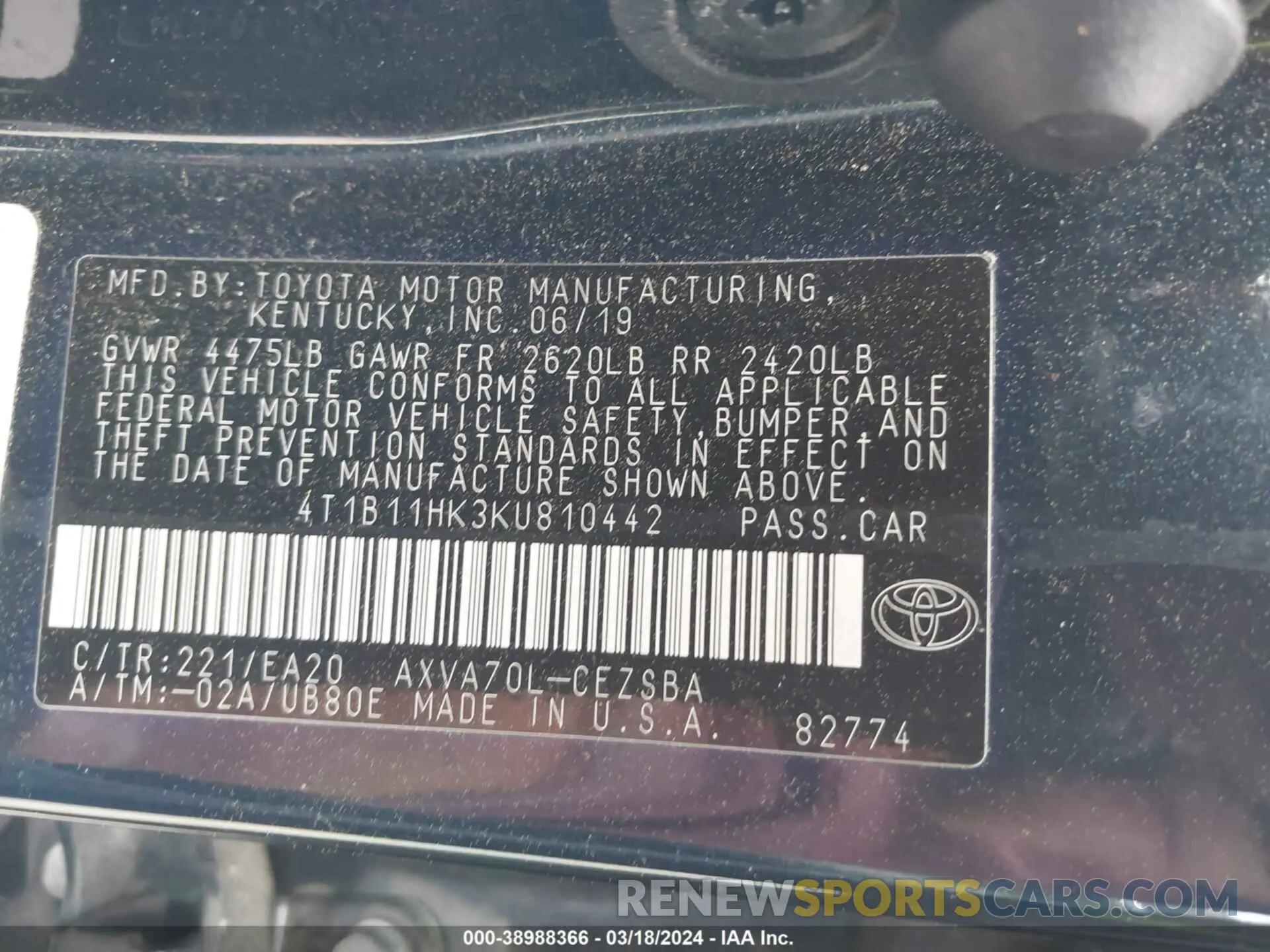 9 Фотография поврежденного автомобиля 4T1B11HK3KU810442 TOYOTA CAMRY 2019