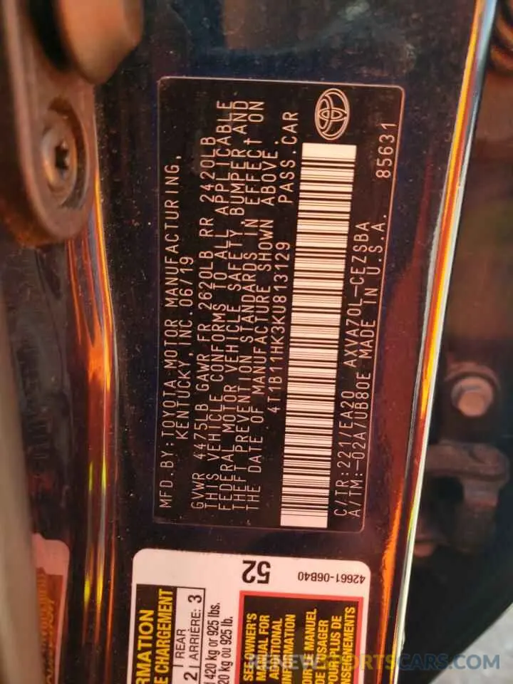 12 Photograph of a damaged car 4T1B11HK3KU813129 TOYOTA CAMRY 2019