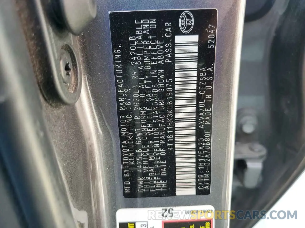 13 Фотография поврежденного автомобиля 4T1B11HK3KU819075 TOYOTA CAMRY 2019