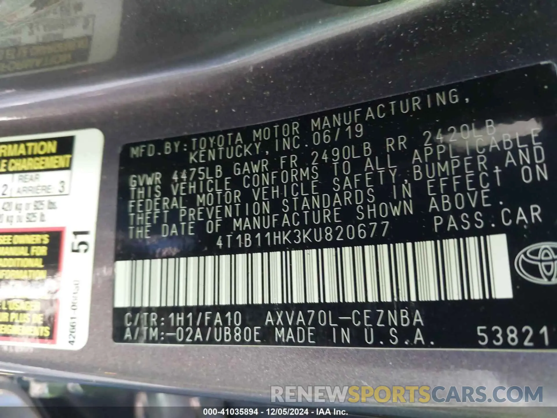 9 Фотография поврежденного автомобиля 4T1B11HK3KU820677 TOYOTA CAMRY 2019