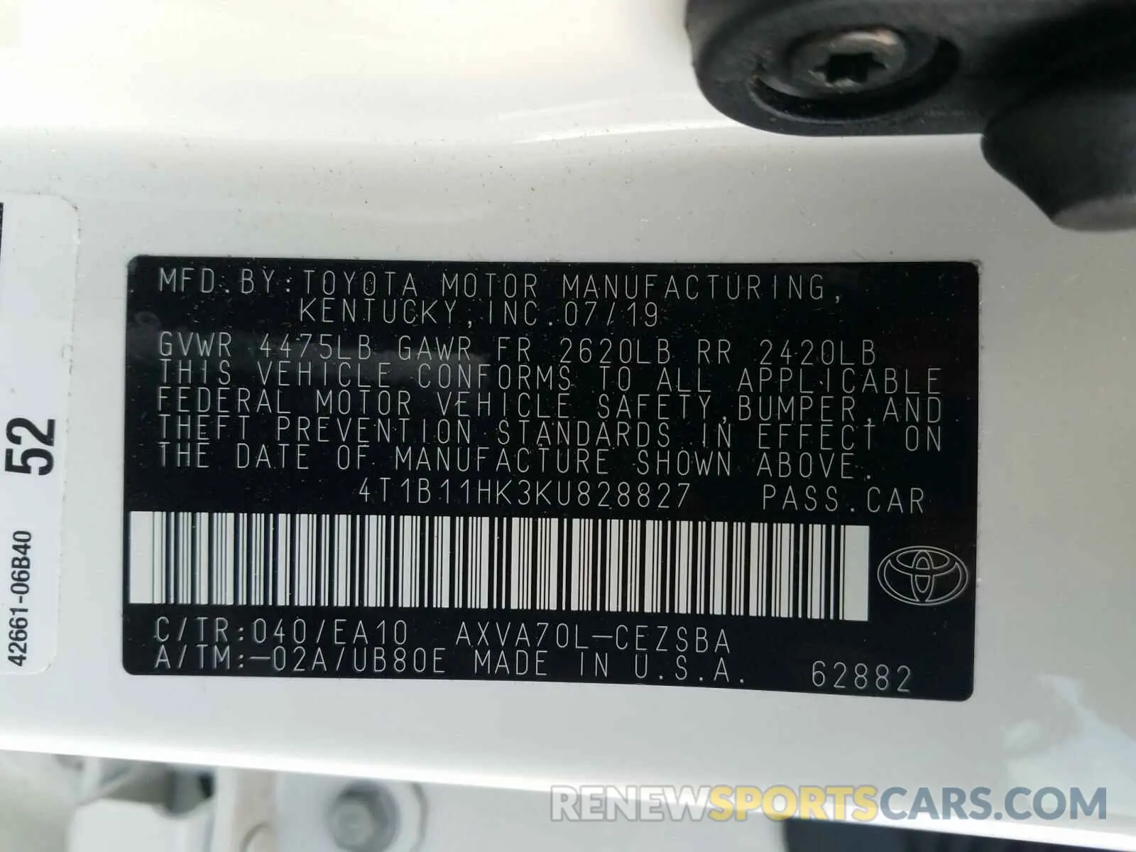 10 Photograph of a damaged car 4T1B11HK3KU828827 TOYOTA CAMRY 2019