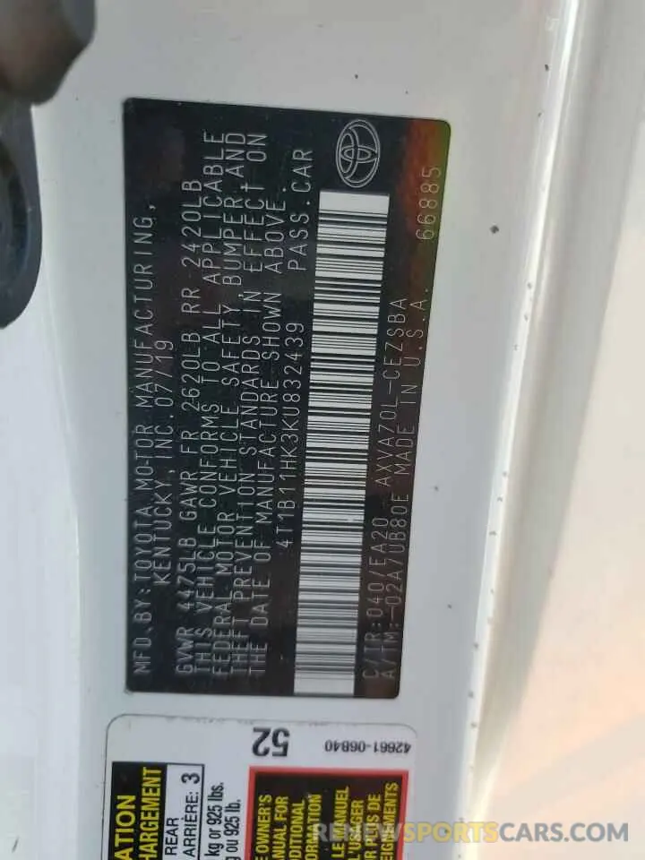 14 Фотография поврежденного автомобиля 4T1B11HK3KU832439 TOYOTA CAMRY 2019