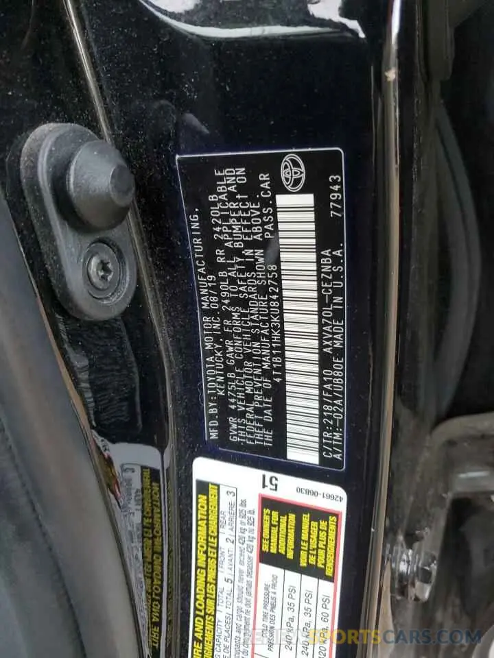 12 Photograph of a damaged car 4T1B11HK3KU842758 TOYOTA CAMRY 2019