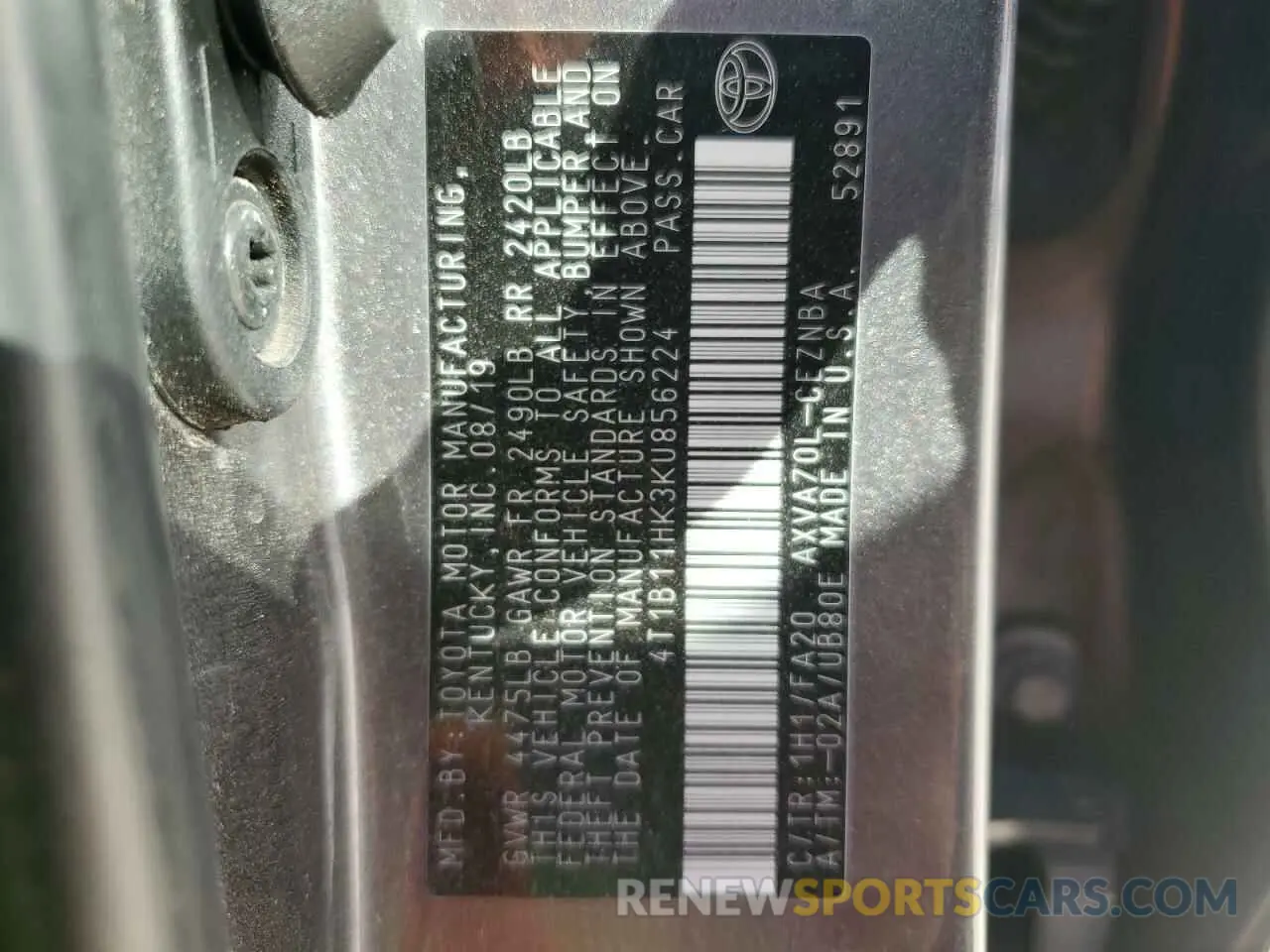 12 Photograph of a damaged car 4T1B11HK3KU856224 TOYOTA CAMRY 2019