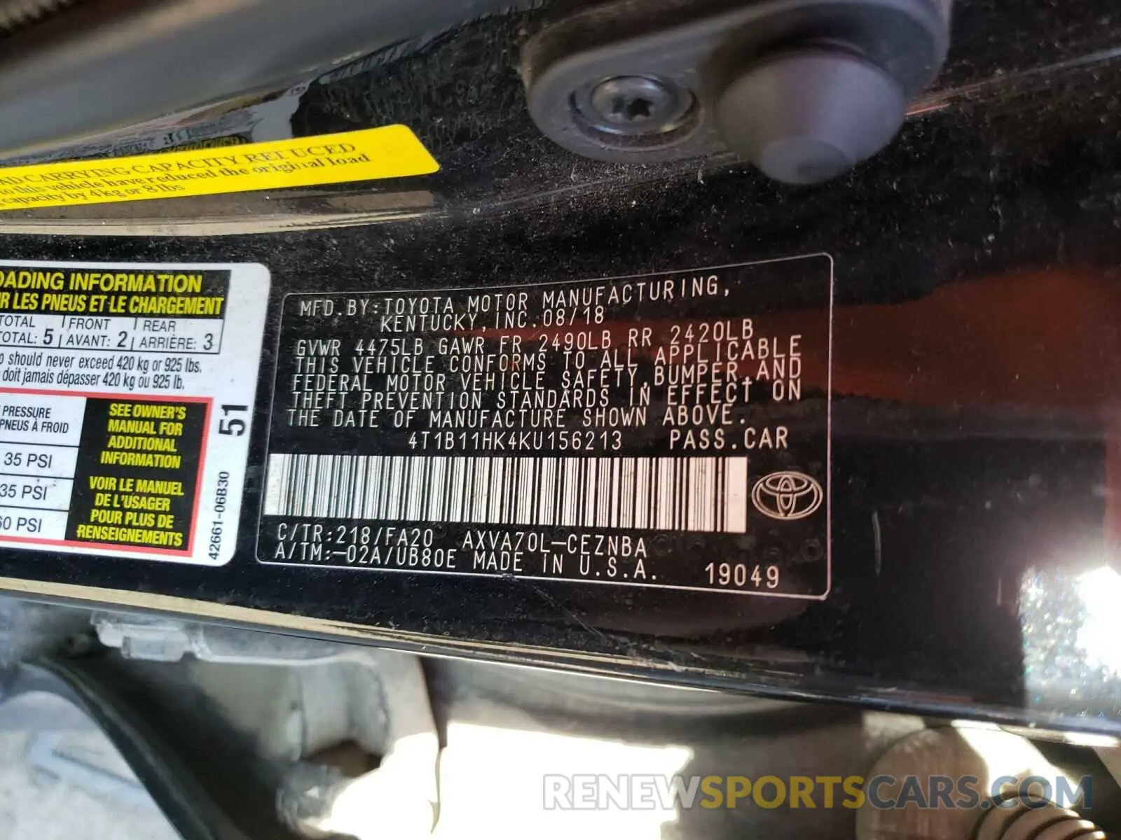 10 Photograph of a damaged car 4T1B11HK4KU156213 TOYOTA CAMRY 2019