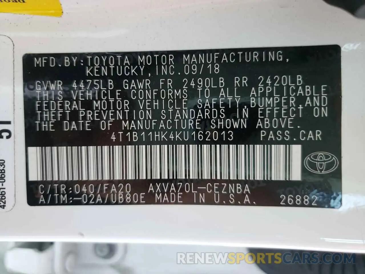 10 Photograph of a damaged car 4T1B11HK4KU162013 TOYOTA CAMRY 2019