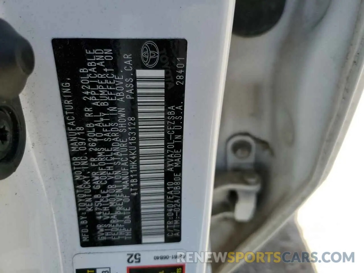 12 Photograph of a damaged car 4T1B11HK4KU163128 TOYOTA CAMRY 2019