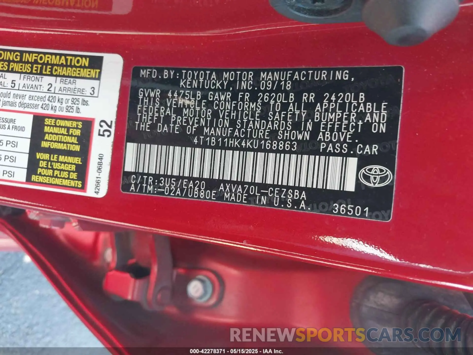 9 Photograph of a damaged car 4T1B11HK4KU168863 TOYOTA CAMRY 2019
