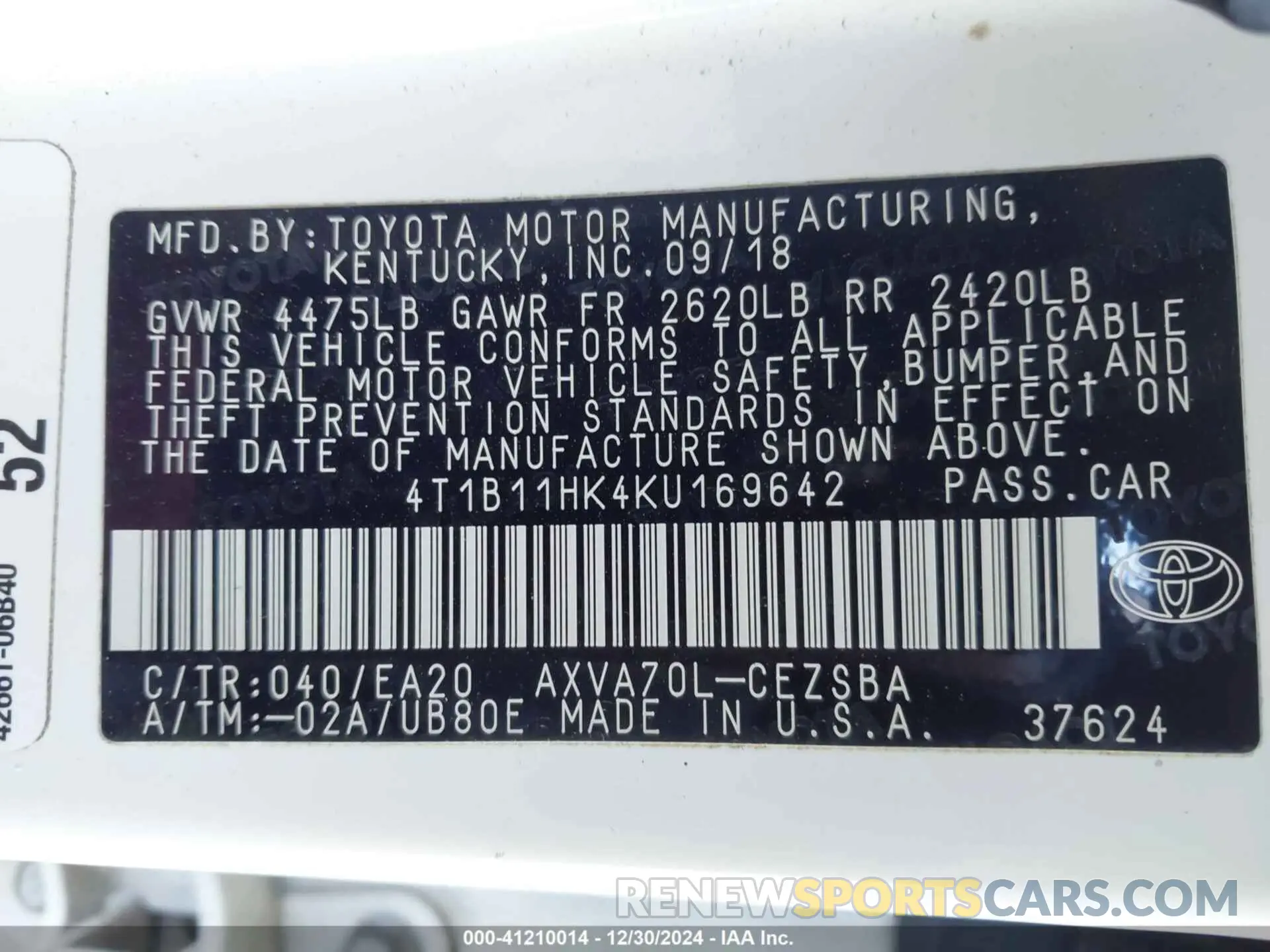9 Photograph of a damaged car 4T1B11HK4KU169642 TOYOTA CAMRY 2019