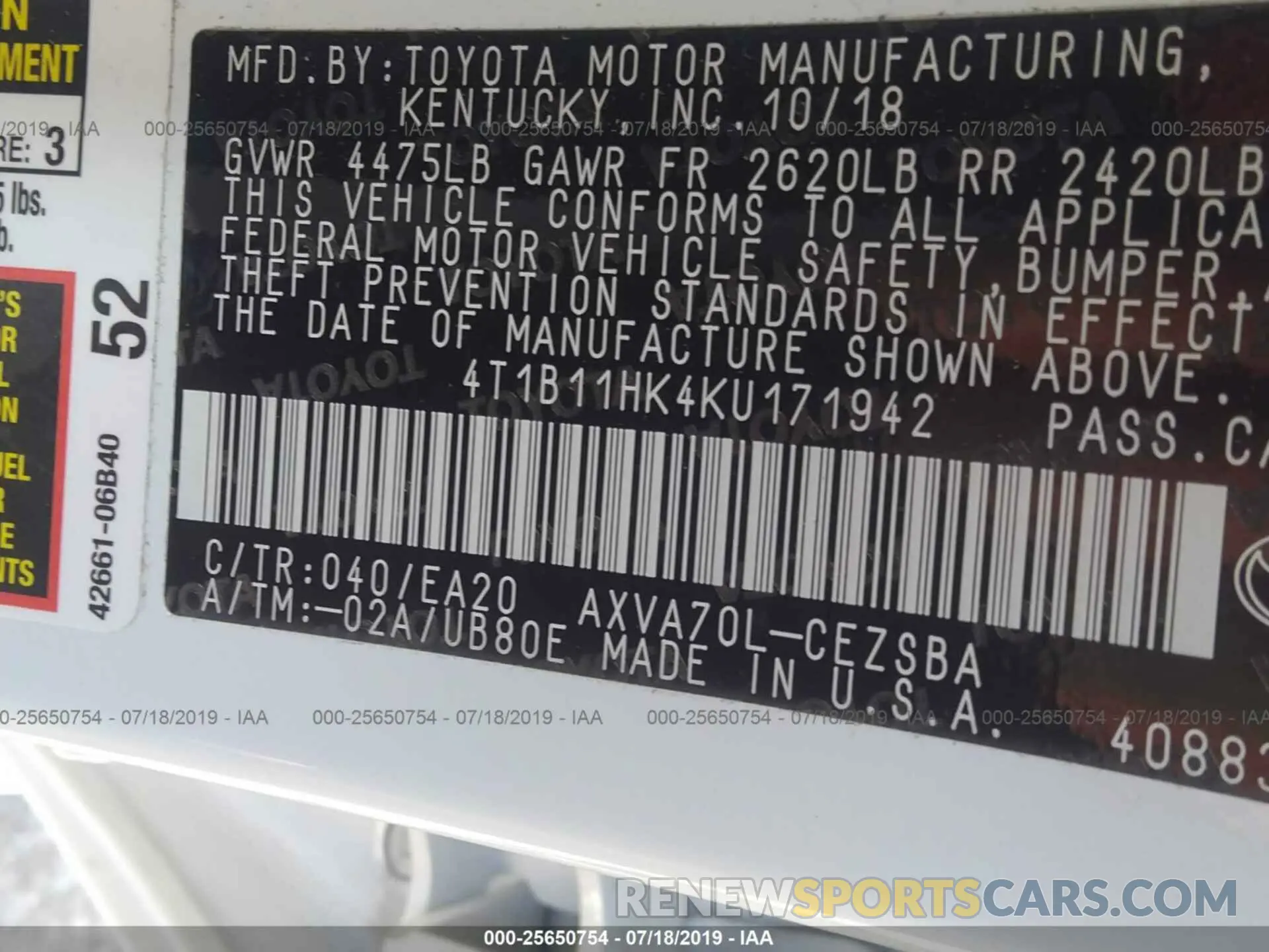 9 Photograph of a damaged car 4T1B11HK4KU171942 TOYOTA CAMRY 2019