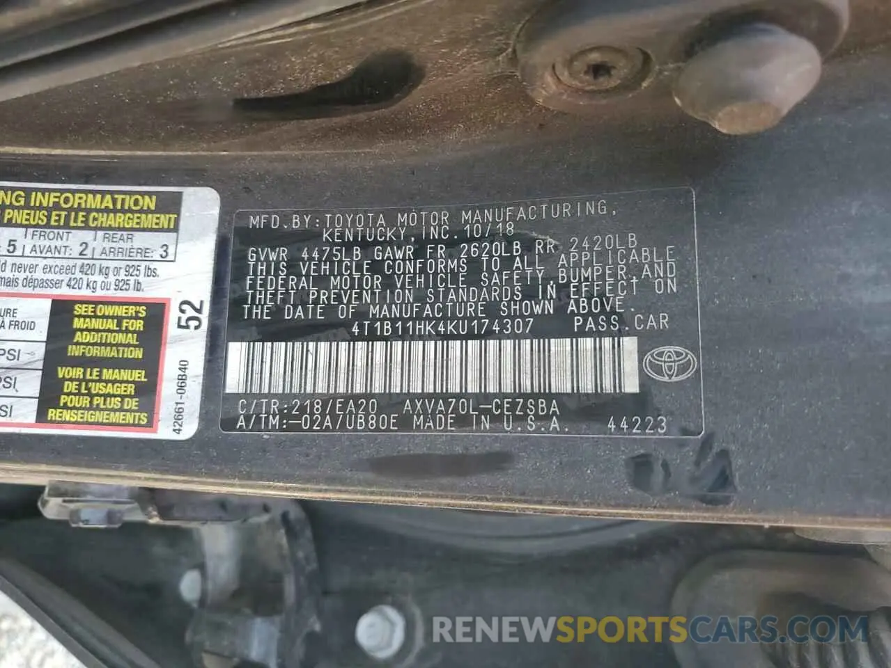 12 Photograph of a damaged car 4T1B11HK4KU174307 TOYOTA CAMRY 2019
