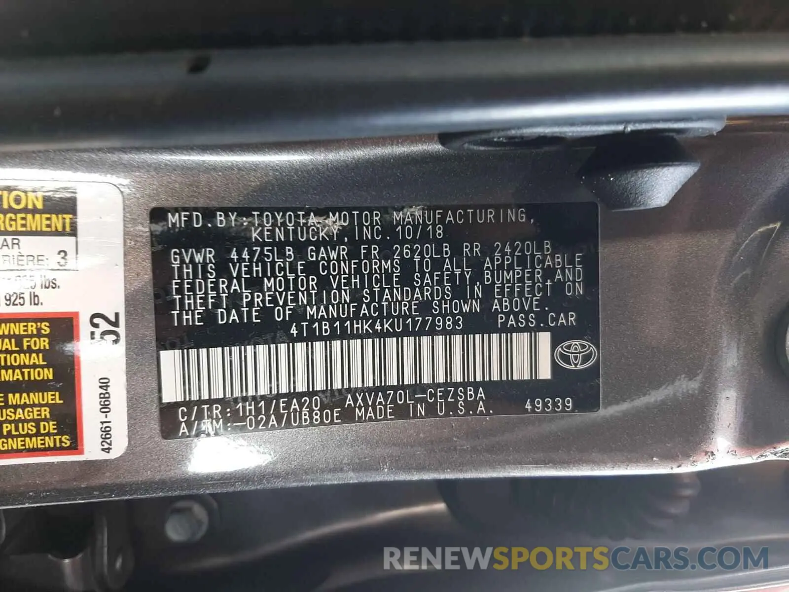 10 Photograph of a damaged car 4T1B11HK4KU177983 TOYOTA CAMRY 2019