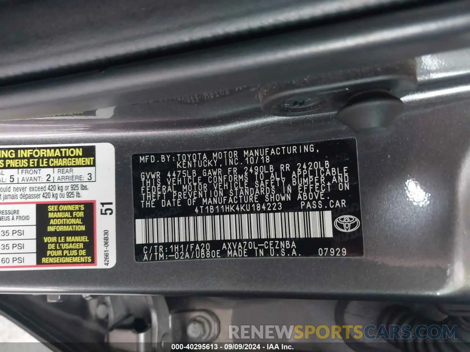 9 Photograph of a damaged car 4T1B11HK4KU184223 TOYOTA CAMRY 2019