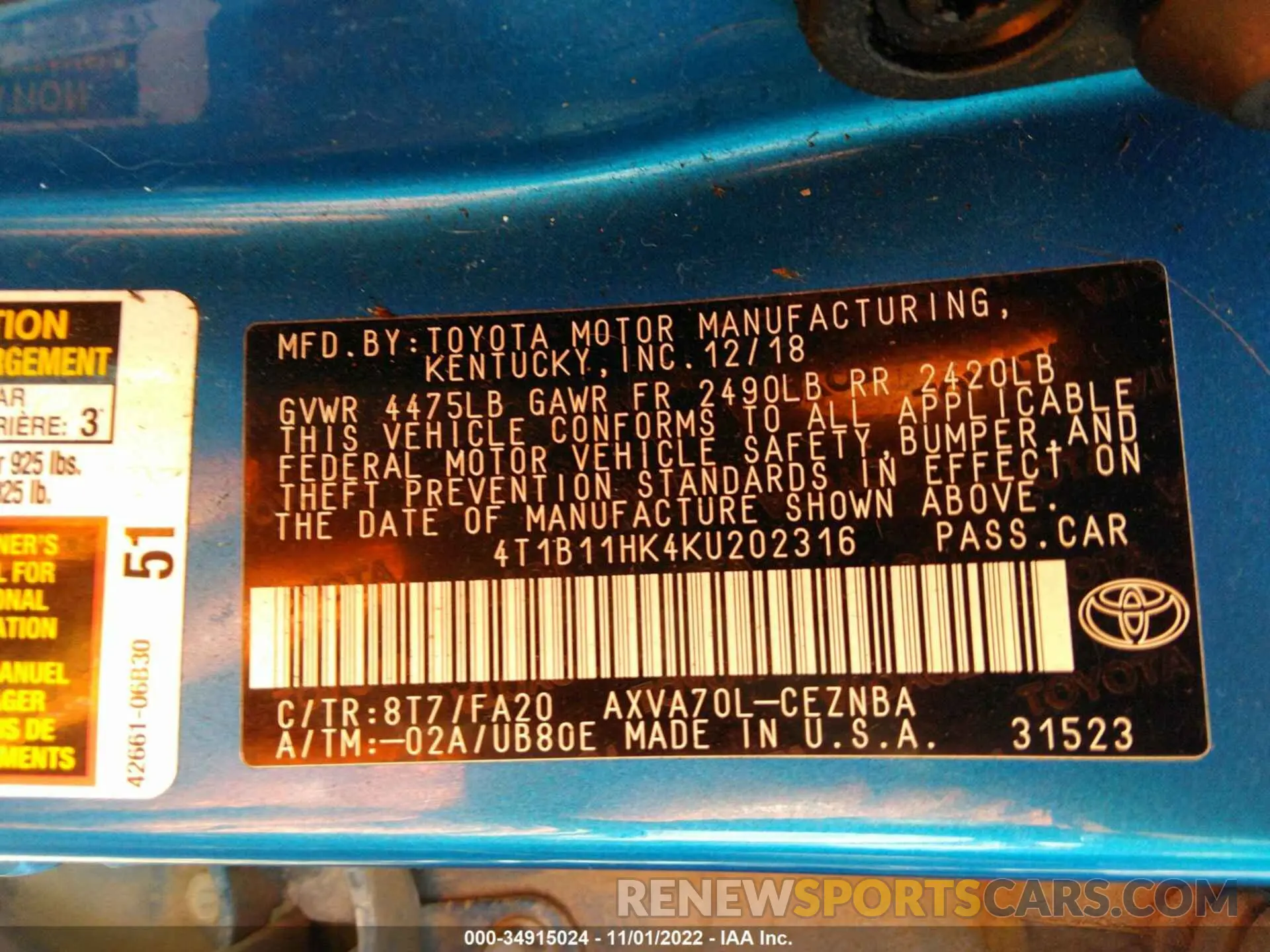 9 Photograph of a damaged car 4T1B11HK4KU202316 TOYOTA CAMRY 2019
