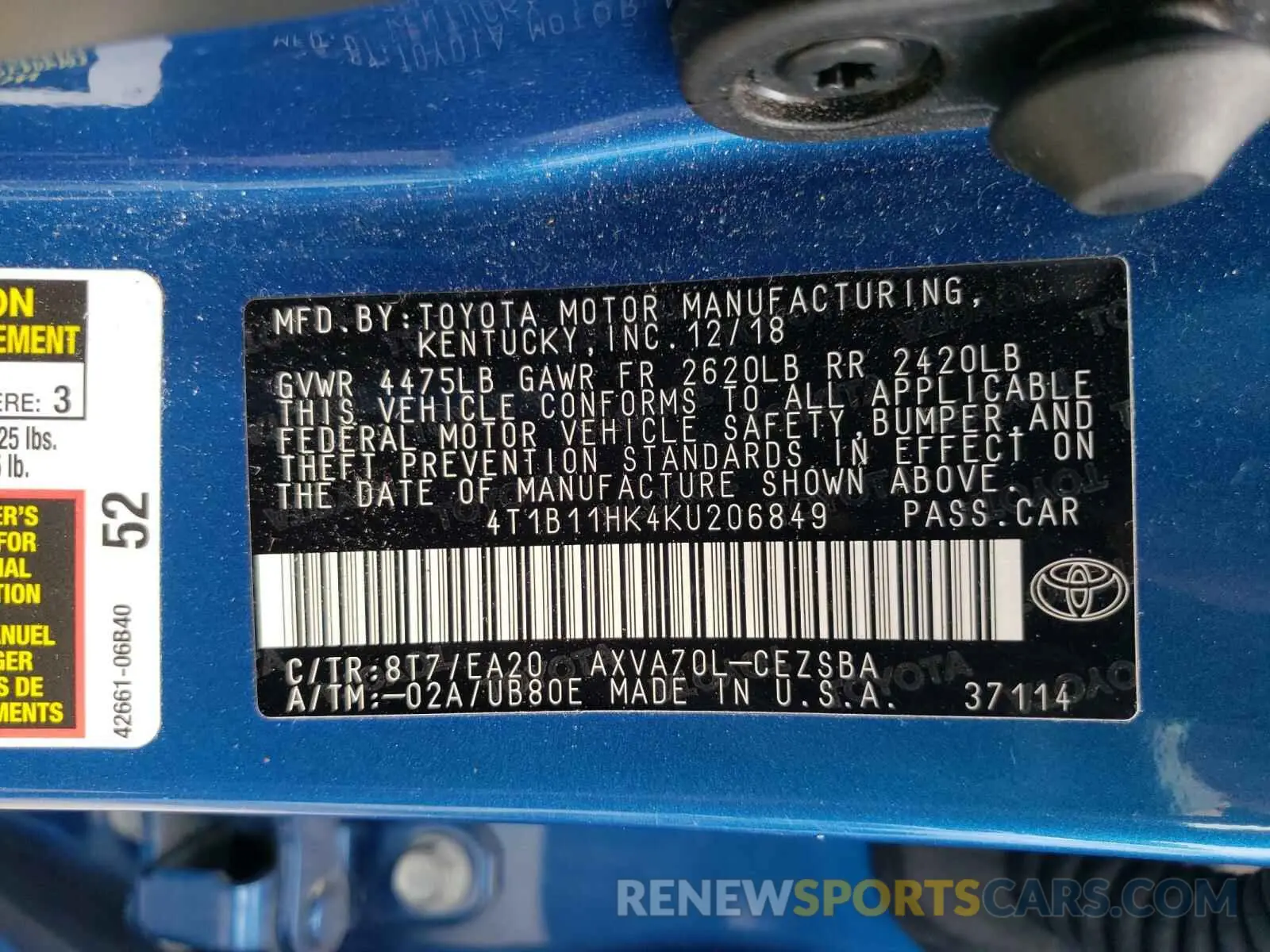 10 Photograph of a damaged car 4T1B11HK4KU206849 TOYOTA CAMRY 2019