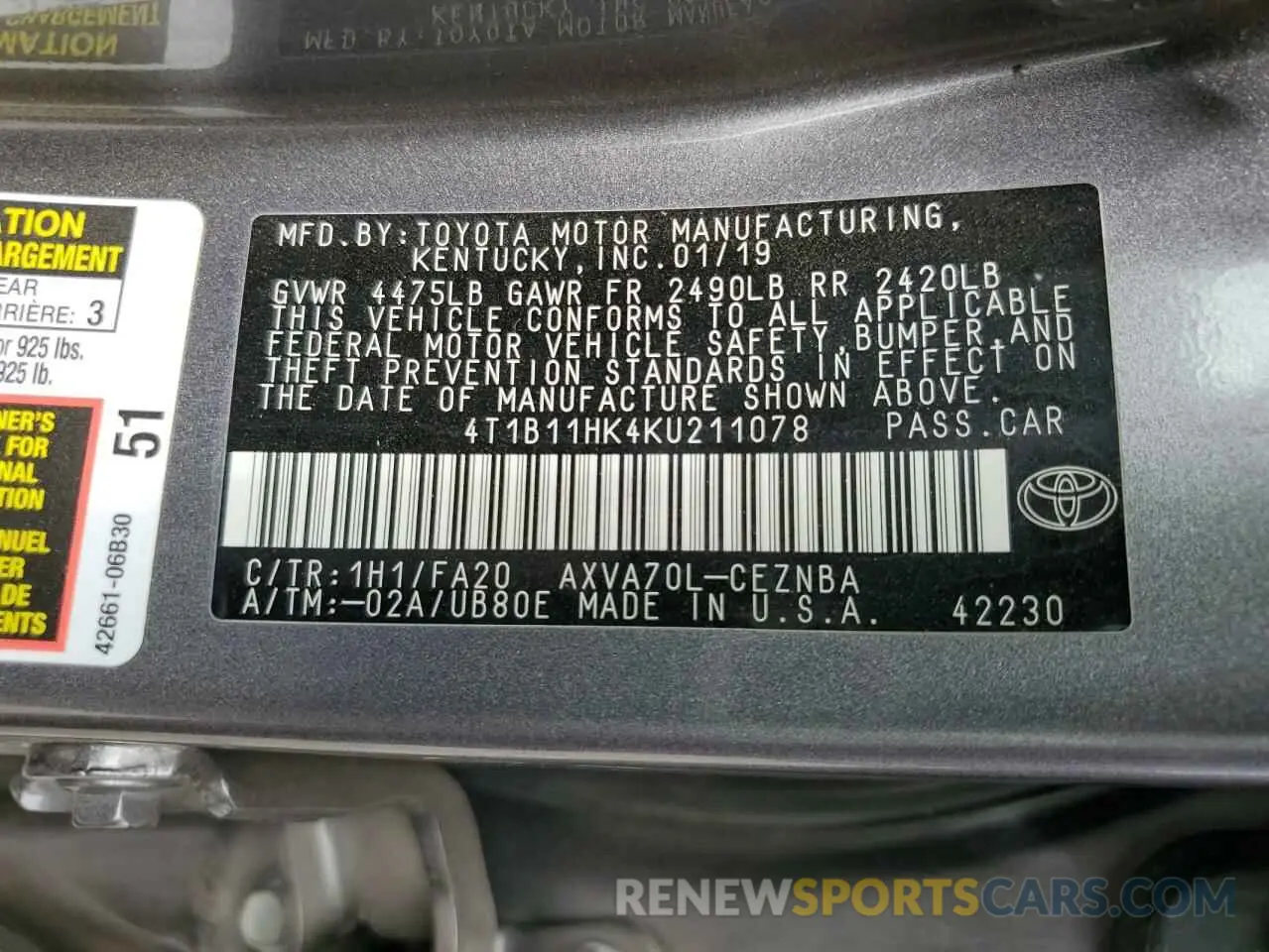 13 Фотография поврежденного автомобиля 4T1B11HK4KU211078 TOYOTA CAMRY 2019