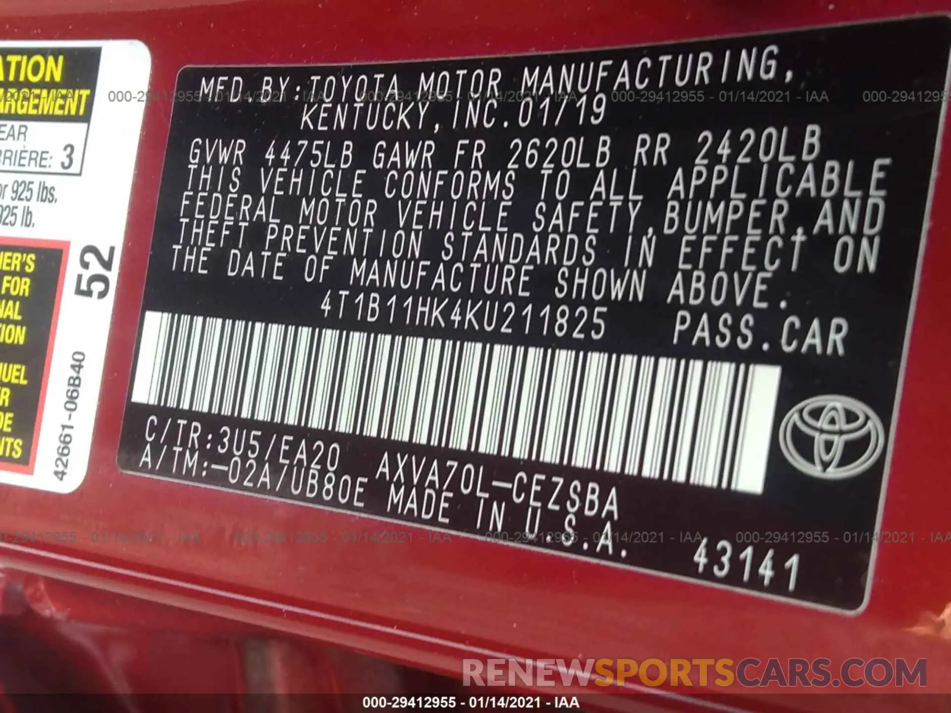 9 Photograph of a damaged car 4T1B11HK4KU211825 TOYOTA CAMRY 2019