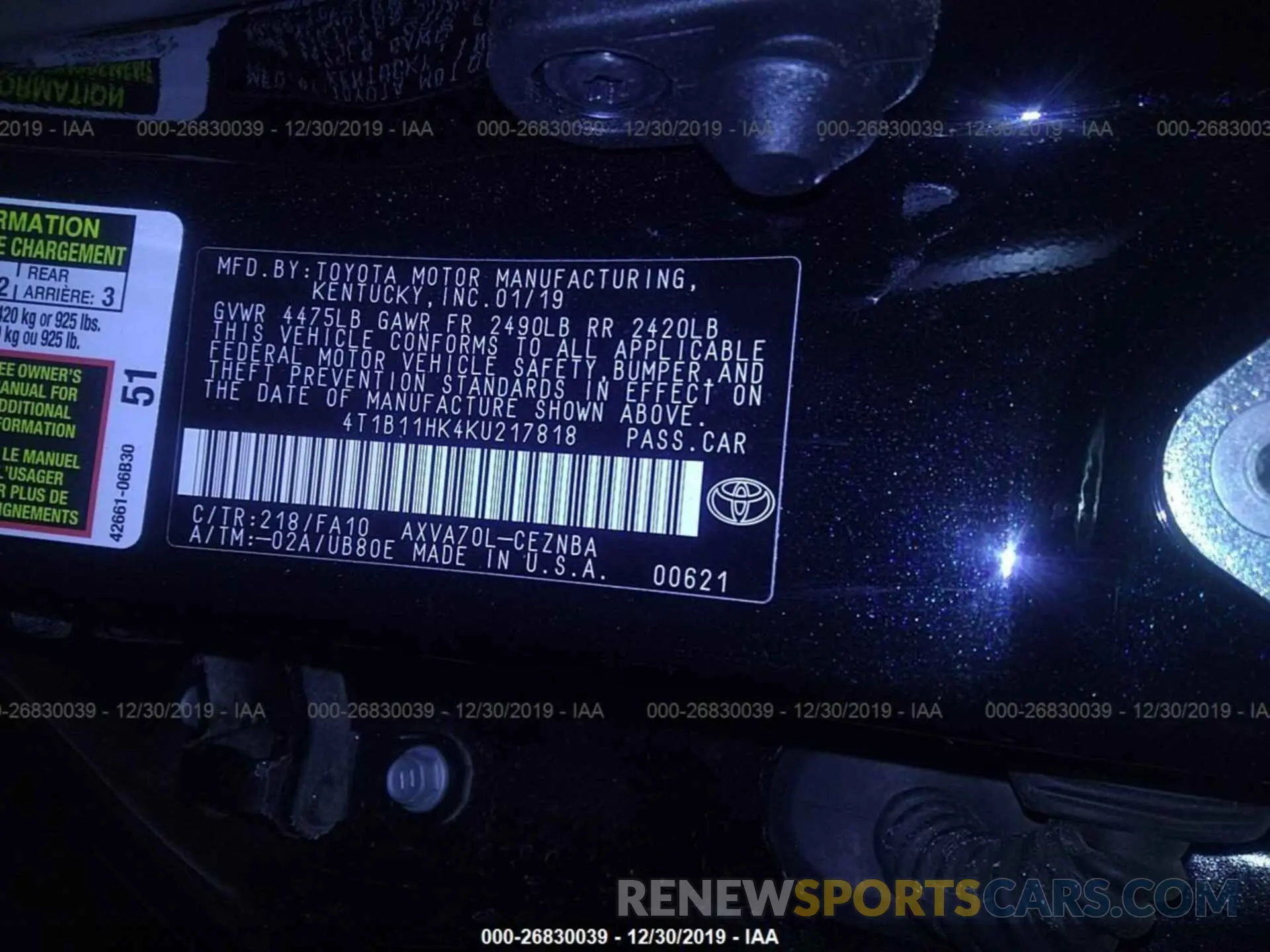 9 Photograph of a damaged car 4T1B11HK4KU217818 TOYOTA CAMRY 2019