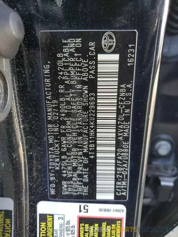 13 Photograph of a damaged car 4T1B11HK4KU229693 TOYOTA CAMRY 2019