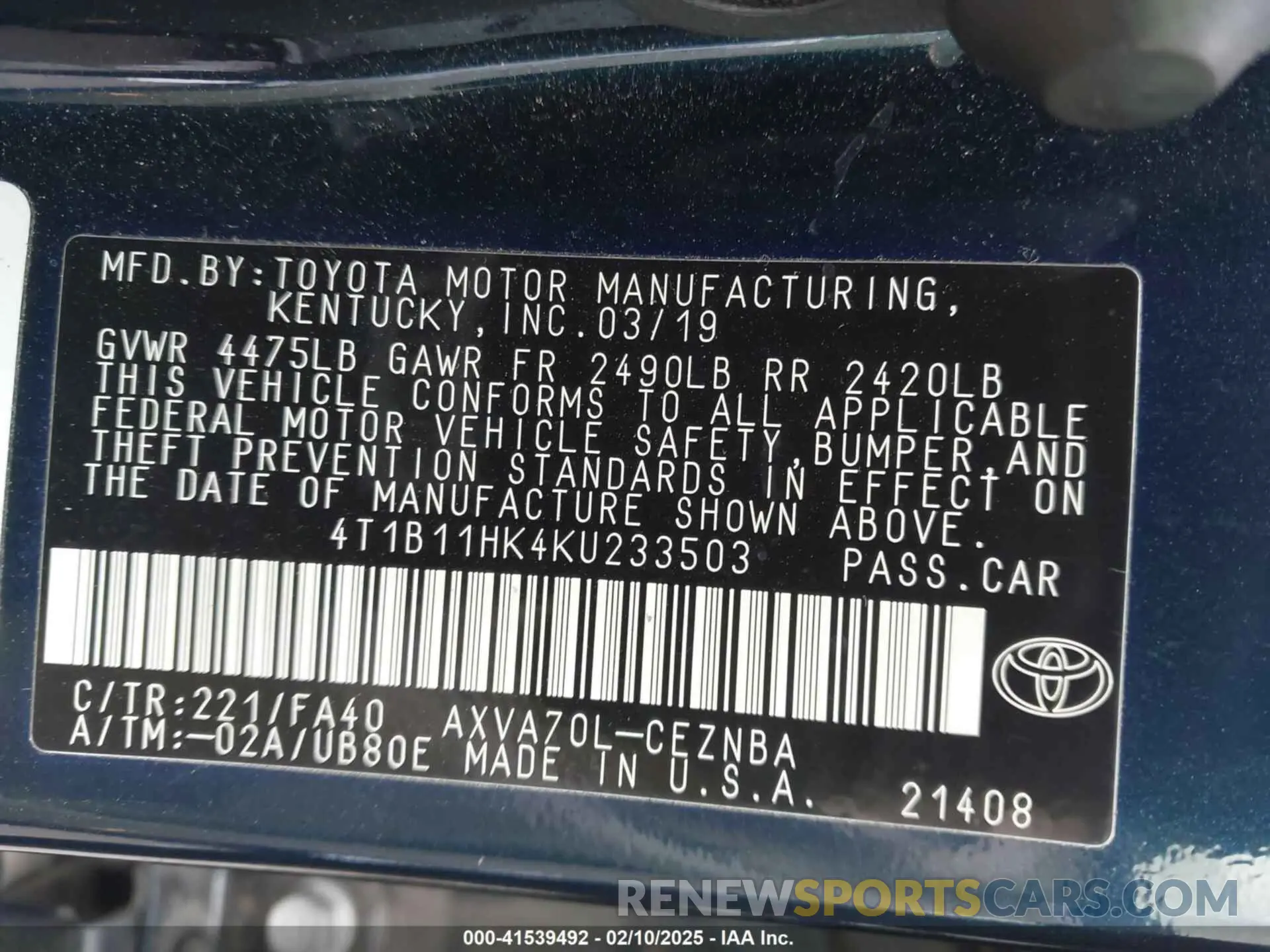 9 Photograph of a damaged car 4T1B11HK4KU233503 TOYOTA CAMRY 2019