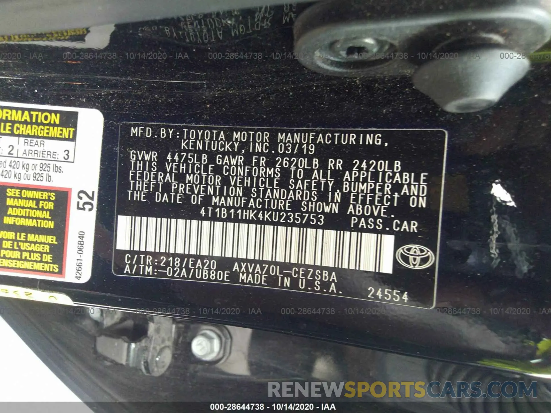 9 Photograph of a damaged car 4T1B11HK4KU235753 TOYOTA CAMRY 2019