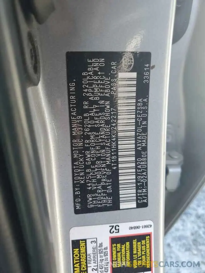 12 Photograph of a damaged car 4T1B11HK4KU242217 TOYOTA CAMRY 2019