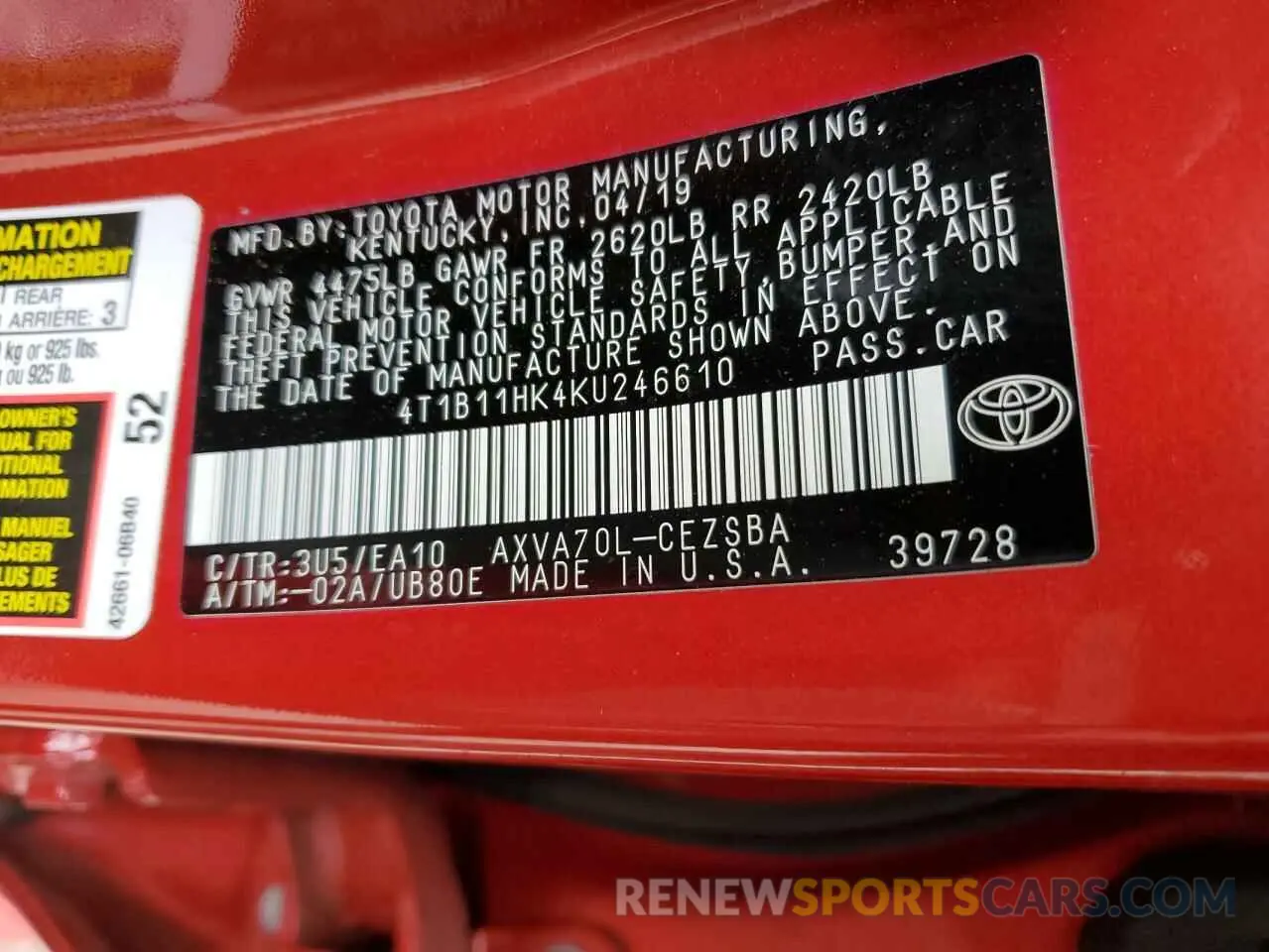 10 Photograph of a damaged car 4T1B11HK4KU246610 TOYOTA CAMRY 2019