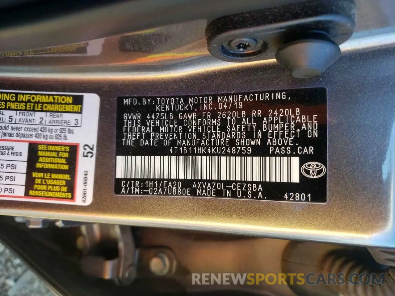 10 Photograph of a damaged car 4T1B11HK4KU248759 TOYOTA CAMRY 2019
