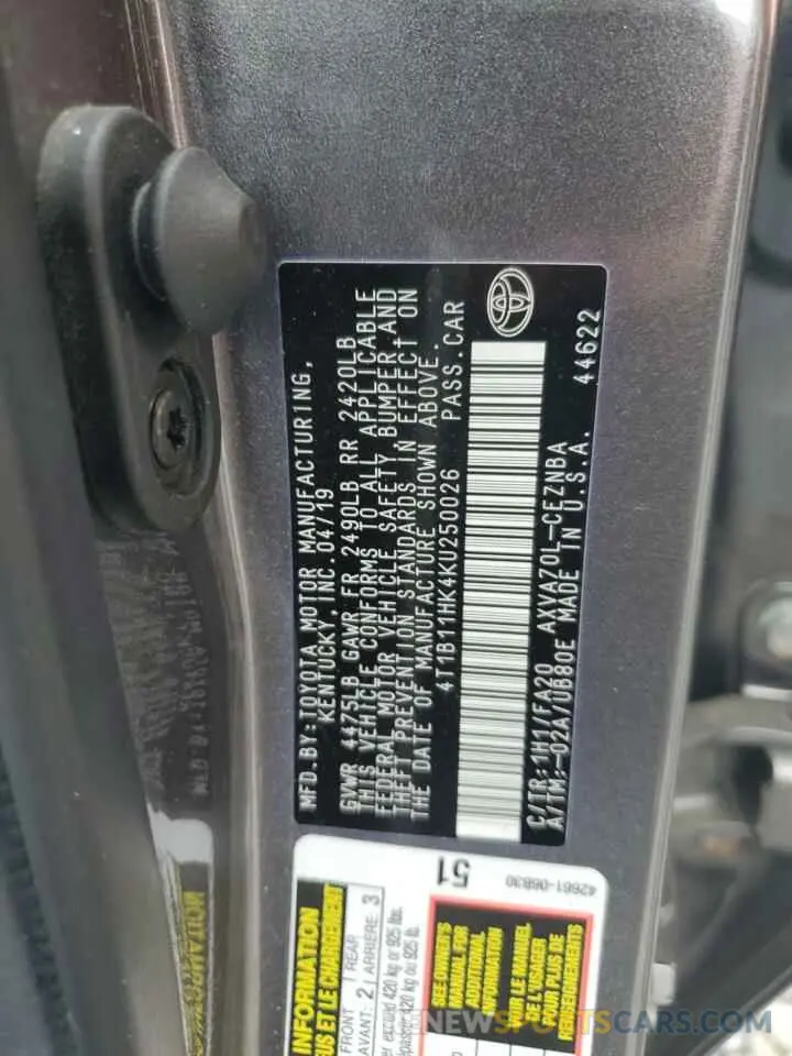 12 Photograph of a damaged car 4T1B11HK4KU250026 TOYOTA CAMRY 2019