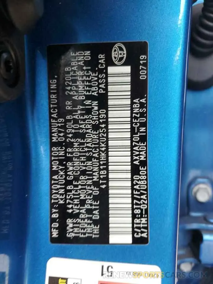 13 Photograph of a damaged car 4T1B11HK4KU254190 TOYOTA CAMRY 2019