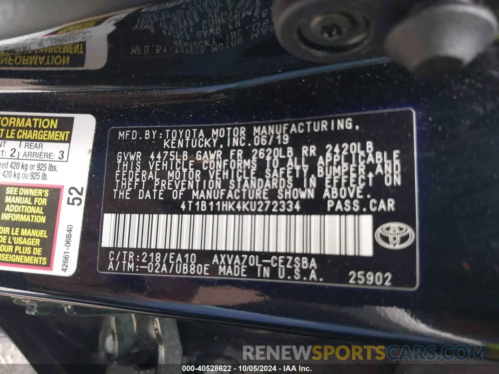 9 Фотография поврежденного автомобиля 4T1B11HK4KU272334 TOYOTA CAMRY 2019