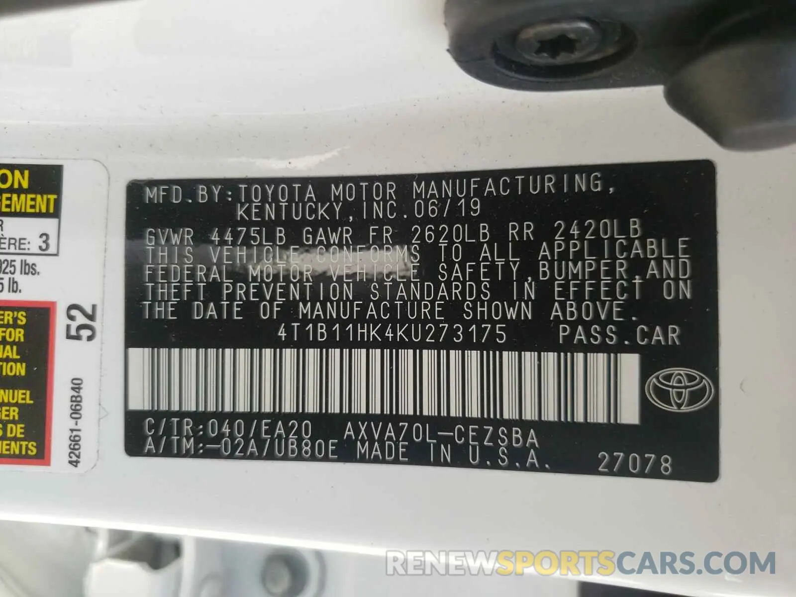10 Photograph of a damaged car 4T1B11HK4KU273175 TOYOTA CAMRY 2019