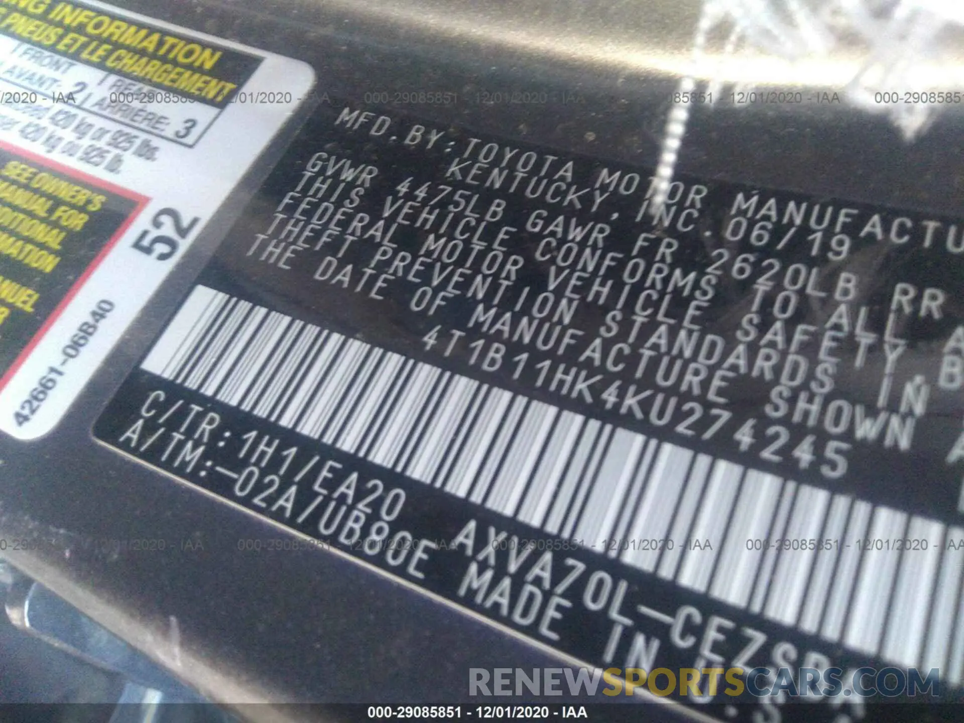 9 Photograph of a damaged car 4T1B11HK4KU274245 TOYOTA CAMRY 2019
