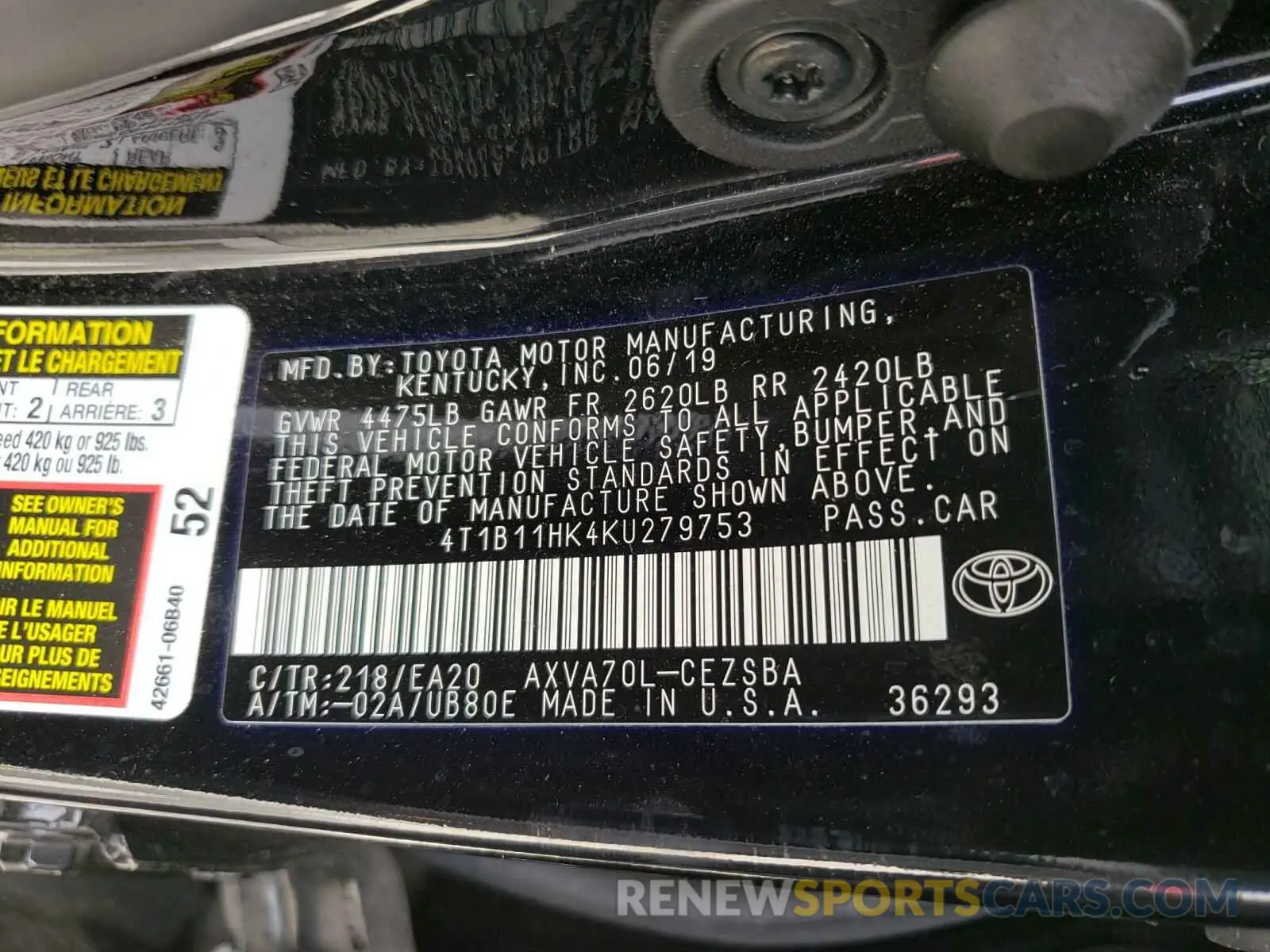 10 Photograph of a damaged car 4T1B11HK4KU279753 TOYOTA CAMRY 2019