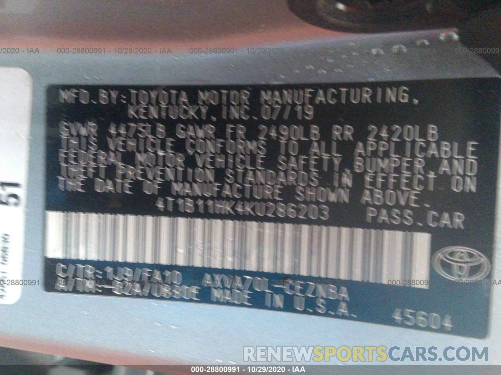 9 Photograph of a damaged car 4T1B11HK4KU286203 TOYOTA CAMRY 2019