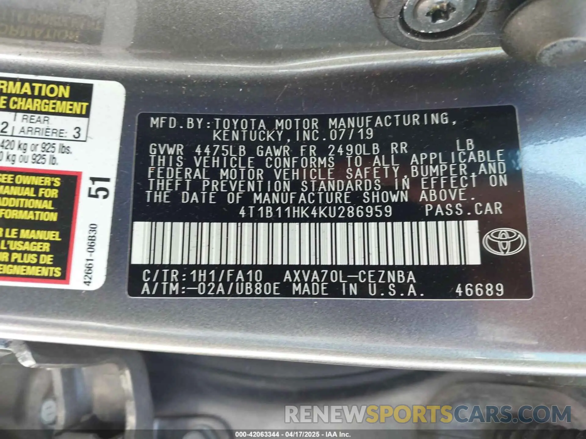 9 Фотография поврежденного автомобиля 4T1B11HK4KU286959 TOYOTA CAMRY 2019