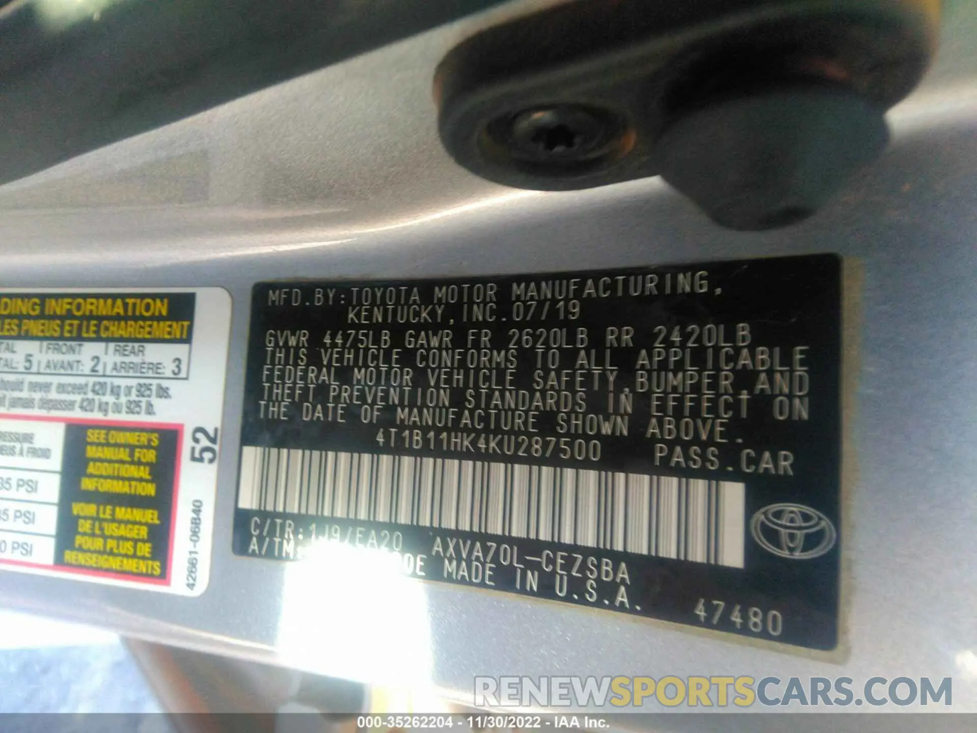 9 Фотография поврежденного автомобиля 4T1B11HK4KU287500 TOYOTA CAMRY 2019