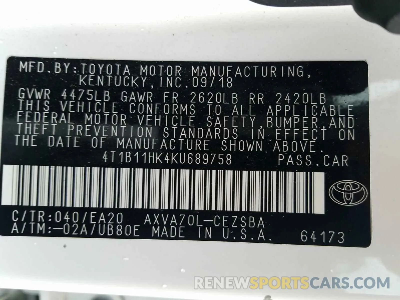 10 Photograph of a damaged car 4T1B11HK4KU689758 TOYOTA CAMRY 2019