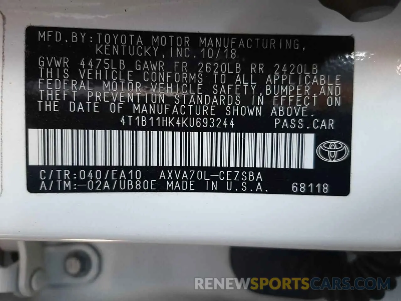 10 Photograph of a damaged car 4T1B11HK4KU693244 TOYOTA CAMRY 2019