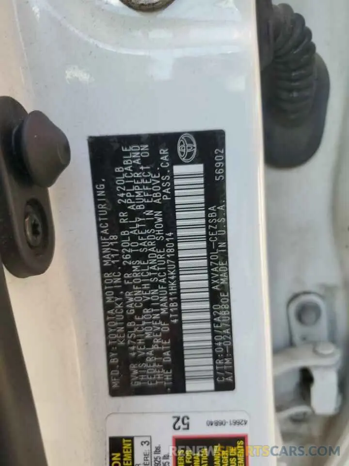 13 Фотография поврежденного автомобиля 4T1B11HK4KU718014 TOYOTA CAMRY 2019