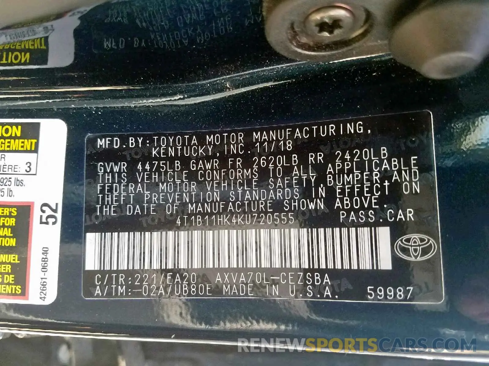 10 Photograph of a damaged car 4T1B11HK4KU720555 TOYOTA CAMRY 2019
