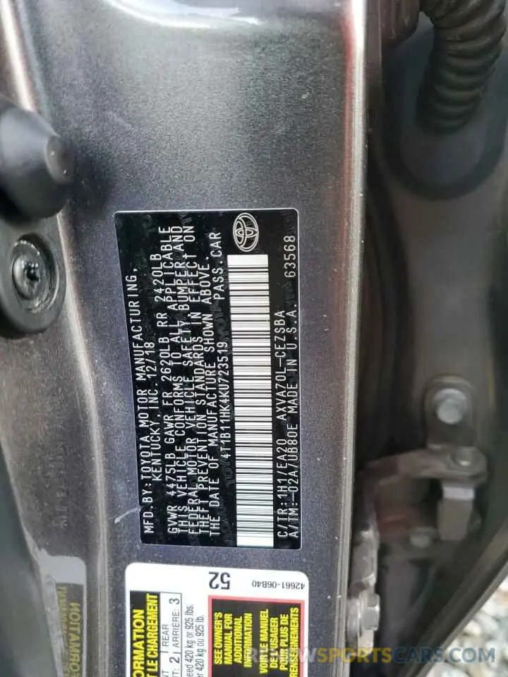 13 Photograph of a damaged car 4T1B11HK4KU723519 TOYOTA CAMRY 2019
