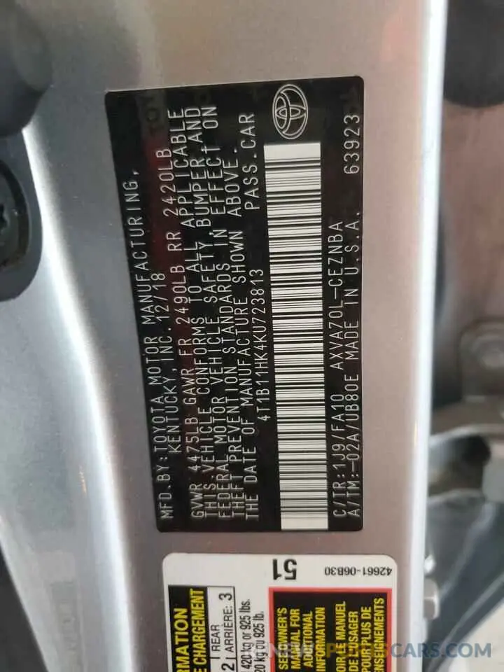 12 Photograph of a damaged car 4T1B11HK4KU723813 TOYOTA CAMRY 2019