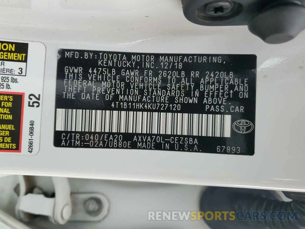 13 Фотография поврежденного автомобиля 4T1B11HK4KU727120 TOYOTA CAMRY 2019