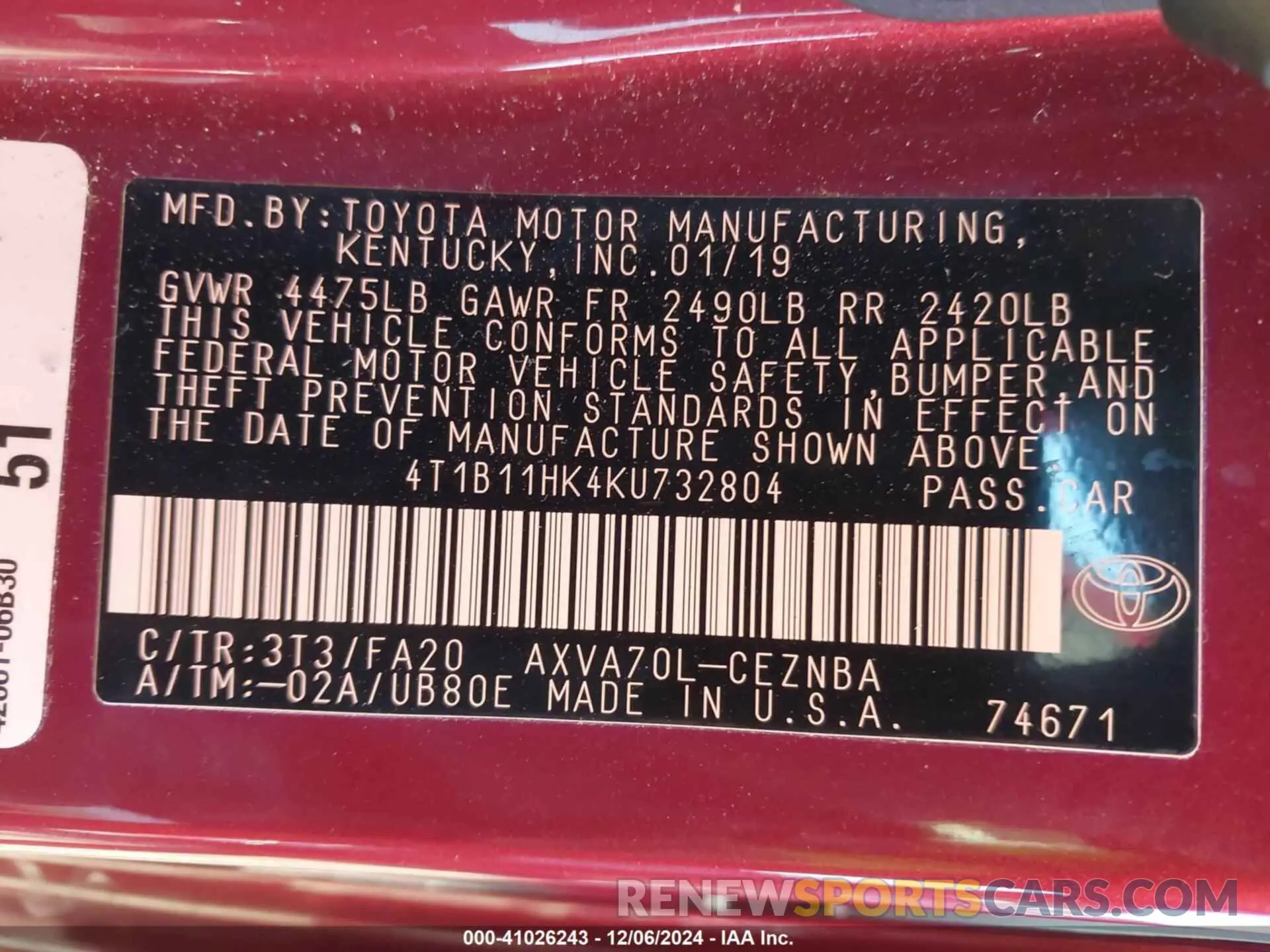 9 Photograph of a damaged car 4T1B11HK4KU732804 TOYOTA CAMRY 2019