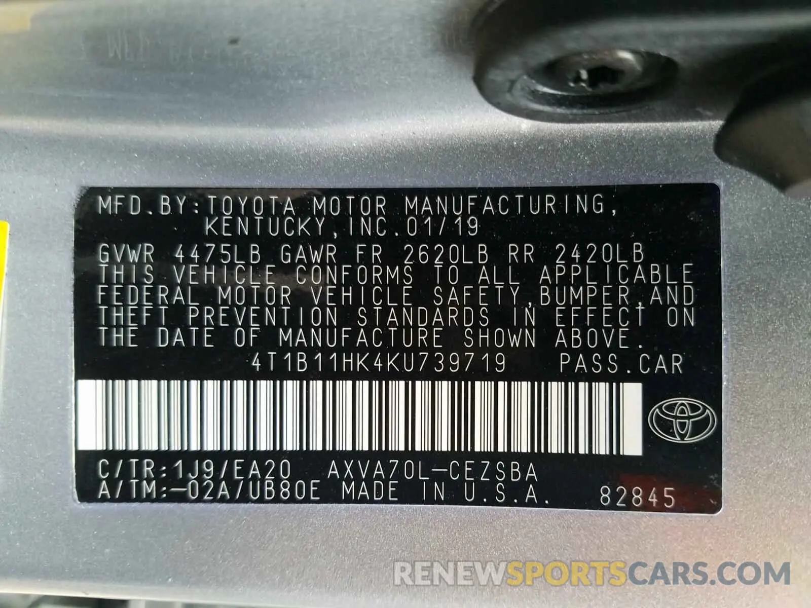 10 Photograph of a damaged car 4T1B11HK4KU739719 TOYOTA CAMRY 2019