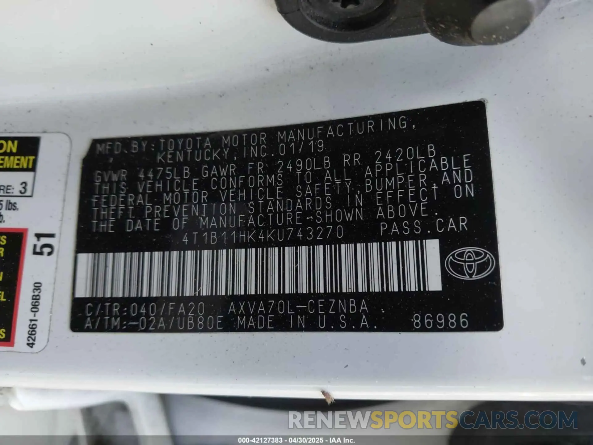 9 Фотография поврежденного автомобиля 4T1B11HK4KU743270 TOYOTA CAMRY 2019