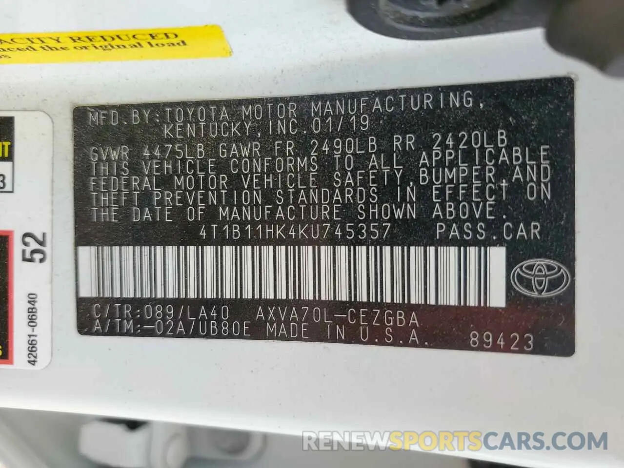 12 Photograph of a damaged car 4T1B11HK4KU745357 TOYOTA CAMRY 2019