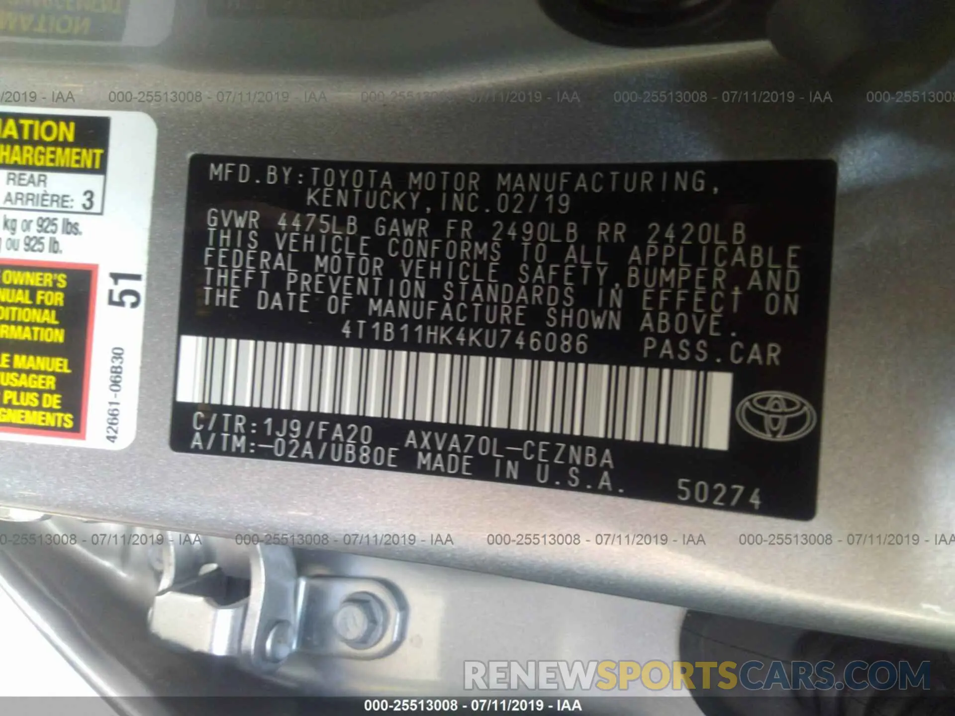 9 Photograph of a damaged car 4T1B11HK4KU746086 TOYOTA CAMRY 2019