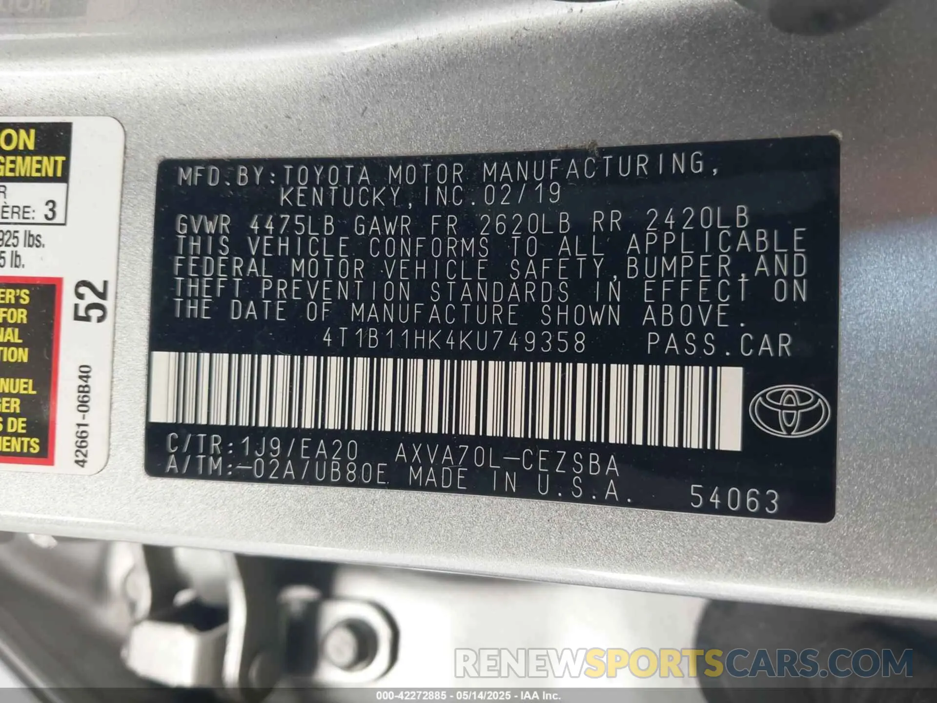 9 Photograph of a damaged car 4T1B11HK4KU749358 TOYOTA CAMRY 2019